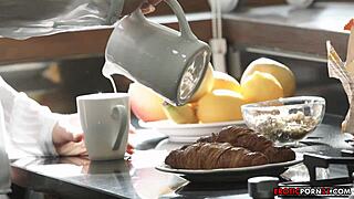 Girlfriend prepares a delicious breakfast for us.