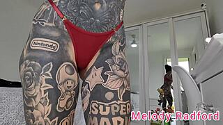 melody radford tries on seductive red lingerie for fun