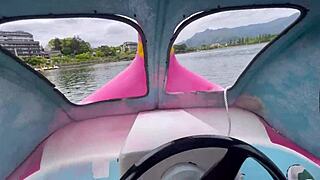 Mini-skirt adventure on a boat at Lake Kawaguchi in Yamanashi, Japan. A unique cultural experience unfolds.