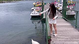 Mini-skirt adventure on a boat at Lake Kawaguchi in Yamanashi, Japan. A unique cultural experience unfolds.