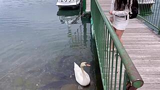 Mini-skirt adventure on a boat at Lake Kawaguchi in Yamanashi, Japan. A unique cultural experience unfolds.