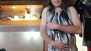 being naughty while modeling dresses, showing off big tits and sexy transsexual vibe