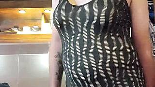 being naughty while modeling dresses, showing off big tits and sexy transsexual vibe