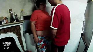 Fat couple fucks messily between the stove and dirt in amateur porn. 😜