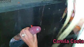 Blonde milf milks big cock at glory hole completely
