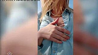 Blonde flaunts big tits in daring public nudity