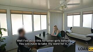 Blonde Cutie Can't Pay Rent, So She Boldly Fucks Banker for Loan at Desk in Office