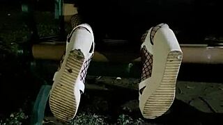 Tingting the femboy masturbates outdoors in fishnets and heels