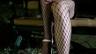 Tingting the femboy masturbates outdoors in fishnets and heels