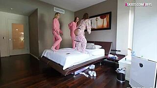 at the party, brunette gets blowjob before hardcore fucking with monster cock