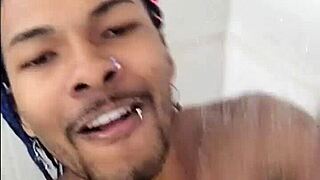 skinny guy cumming on big black cock in bathroom pov