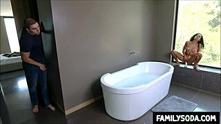 Stepsister lets stepbrother pulverize her tight ebony pussy in bathroom! interracial creampie?