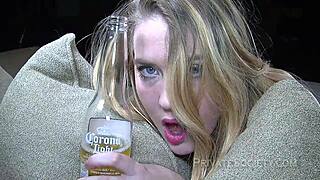 beautiful blonde masturbates on sofa for cute facial in casting