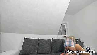 Young blonde beauty reveals shaved pussy for pleasure