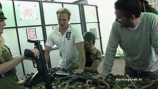 Elle Brooks and friends engage in a military orgy with fucking and facials.