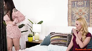 In this steamy roleplay, a horny blonde milf stepmom seduces her teen stepson for a night of passionate tribbing and tit play.