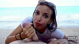 sloppy blowjob on a public beach, swallowing cum like a pro! 🌊