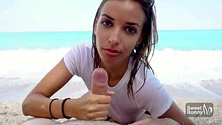 sloppy blowjob on a public beach, swallowing cum like a pro! 🌊