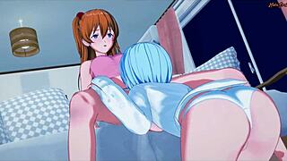Rei and Asuka take turns licking each other's pussy in this hentai