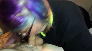 Goth milf with glasses moans during blowjob and cum facial