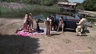 this group of naughty friends in stockings loves fucking outdoors in missionary and riding positions