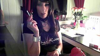 Goth Tranny Chills, Smokes, and Strokes Her Cock on Webcam