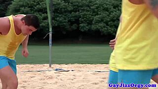 The sports jock is cumcovered after sucking that big cock in the orgy