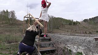 Voyeur observes mature women posing outdoors