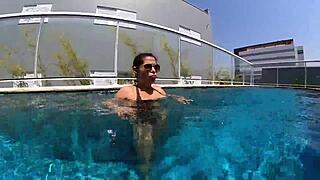 i lick her big tits and pussy while she rides my big cock in the pool