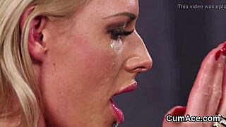 Frisky Bombshell Swallows Sperm Load on Face After Wild Blowbang