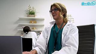 Hey, check this sexy milf nurse rubbing herself wild at the office!