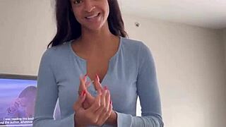 Sexy ebony slut strips and begs for cum on her face