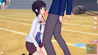 3D hentai massage with busty teacher giving a handjob and blow job