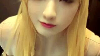 blonde long-haired crossdressing ladyboy masturbating solo!