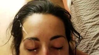 Slut girlfriend gets huge facial from nerd friend 😏