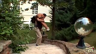 Once her asshole is open, brunette slurps guys' spunk in threesome