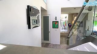 lena paul busts her lesbian big titty friend masturbating on the bed