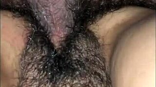 guy fucks hairy pussy filled with cum close up