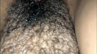 guy fucks hairy pussy filled with cum close up