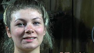 Humiliated submissive bound tight, gagging in kinky BDSM session