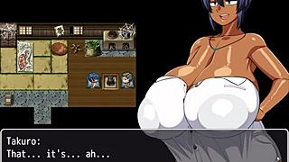 In Natsuki's hentai game episode 6, the weird guy demands a striptease from the tanned girl with huge tits, ripping her outfit!