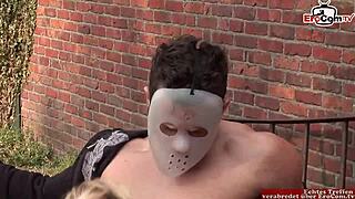 Skinny Blonde with Natural Tits in Outdoor Threesome