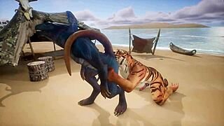 tiger fucks lizard's ass, making him cum repeatedly in furry gay sex.