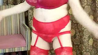 hot busty milf mariaold in red stockings and high heels shoes