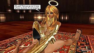 In this animated scene, angel gives a bootjob blowjob with cum on ass.