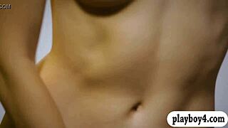 Lovely petite brunette babe fingers her sweet pussy in a solo masturbation session