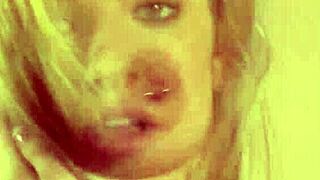 Blonde teen 18+ whore masturbates her pussy on the desk with big tits exposed