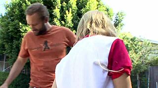 Two horny studs drag blonde teen Mae Meyers onto the couch for a wild threesome