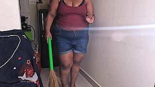 my friend's wife gets horny during a sex call while cleaning the house