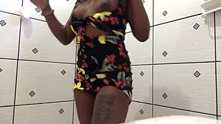 Ebony teen 18+ prostitute gets her ass fucked hard in the shower, cumming intensely with orgasm